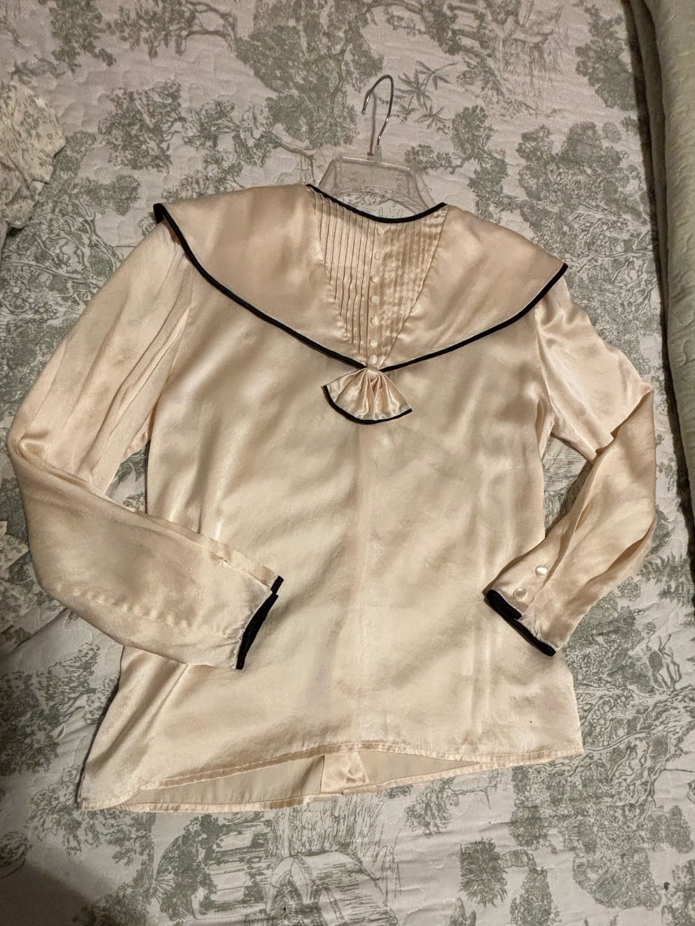 Cullinane sz 8 Vintage 80’s 90’s ivory silk blouse sailor collar pleat bow - Picture 6 of 13